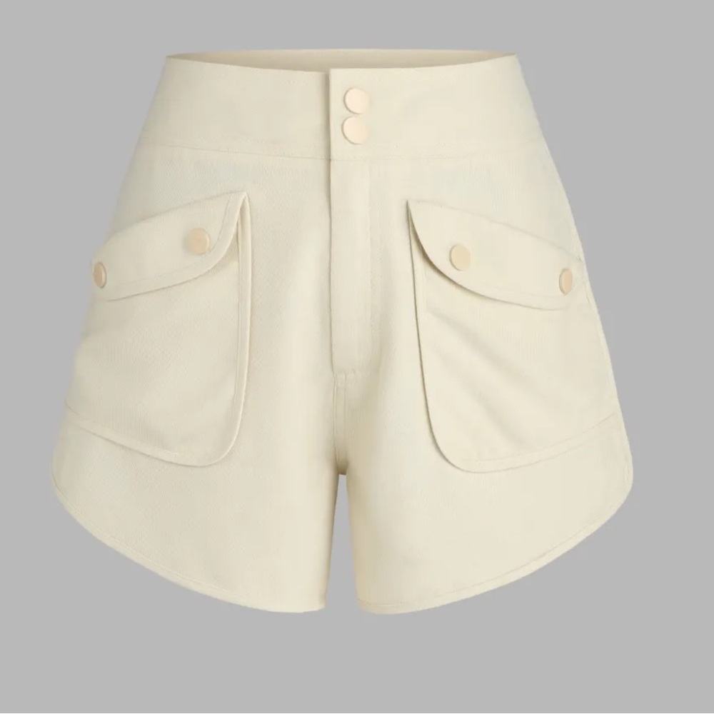 Solid mid waist button pocket shorts
